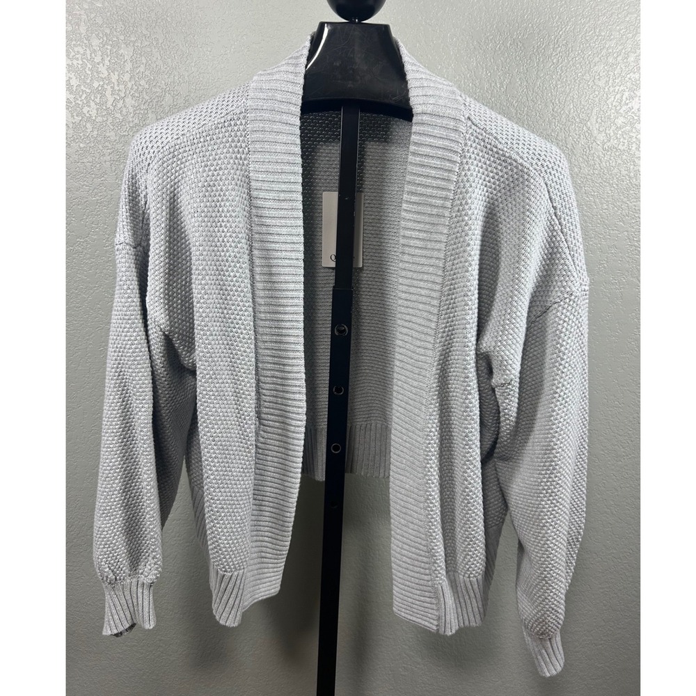 Quince Organic Cotton Open Front Cardigan XL Light Grey Textured Knit Cropped
